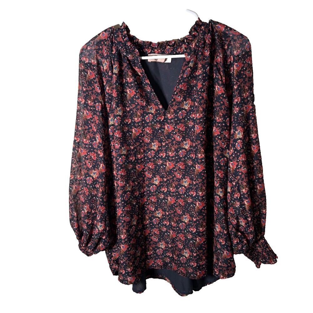 Philosophy Blouse Women's 2X V-Neck Ruffle 3/4 Sleeve Lined Printed Top